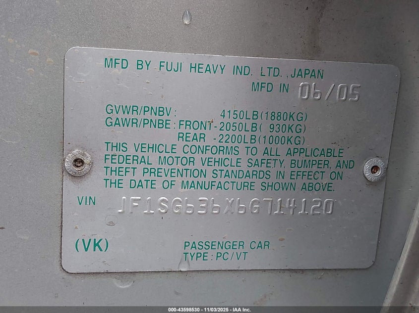 2006 Subaru Forester 2.5X VIN: JF1SG636X6G714120 Lot: 43598530