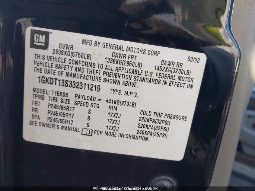 2003 GMC Envoy Slt VIN: 1GKDT13S332311219 Lot: 43598533