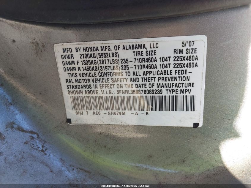 2007 Honda Odyssey Touring VIN: 5FNRL38887B089239 Lot: 43598534