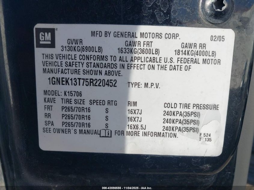 2005 Chevrolet Tahoe Ls VIN: 1GNEK13T75R220452 Lot: 43598556