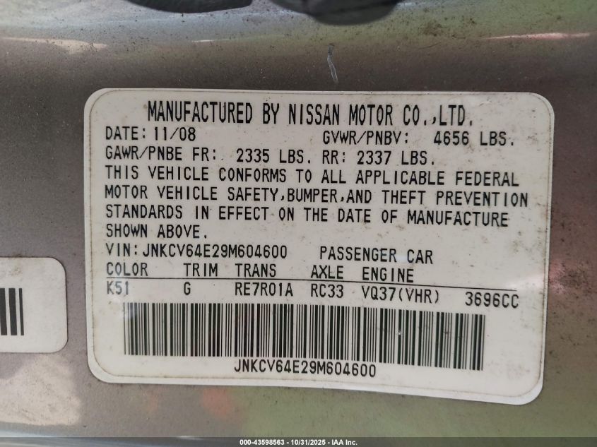 2009 Infiniti G37 Journey VIN: JNKCV64E29M604600 Lot: 43598563