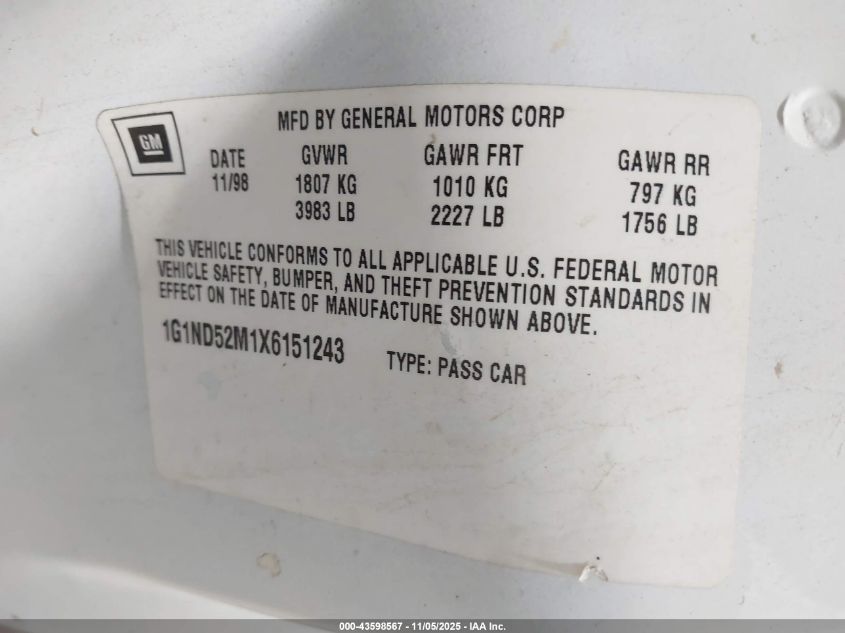 1999 Chevrolet Malibu VIN: 1G1ND52M1X6151243 Lot: 43598567