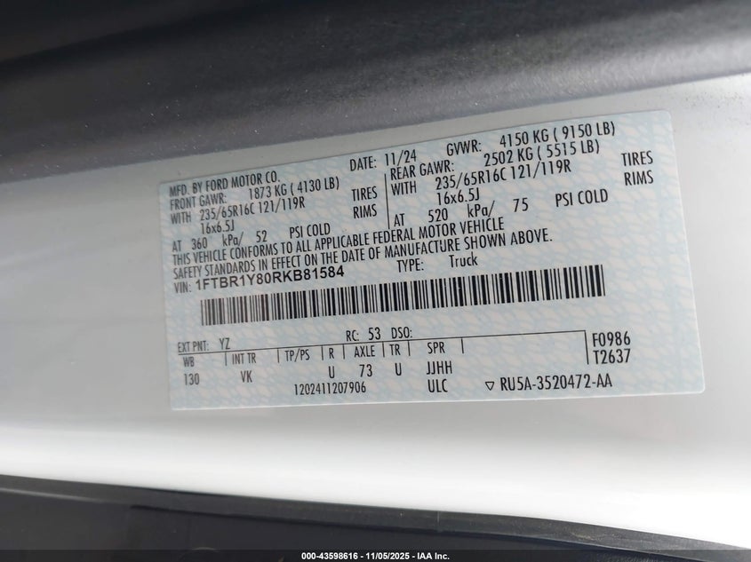 2024 Ford Transit-250 VIN: 1FTBR1Y80RKB81584 Lot: 43598616