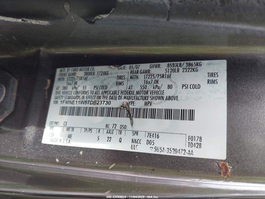 2007 Ford E-150 Chateau/Xl/Xlt VIN: 1FMNE11W57DB23730 Lot: 43598634