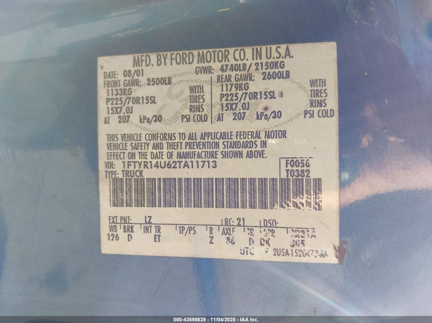 2002 Ford Ranger Edge/Tremor/Xl/Xlt VIN: 1FTYR14U62TA11713 Lot: 43598639