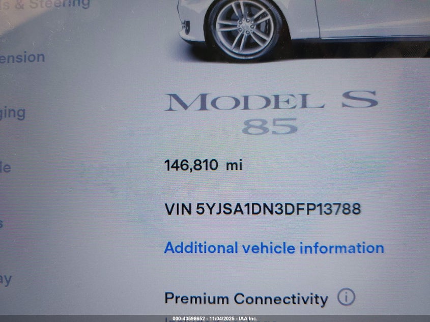 2013 Tesla Model S VIN: 5YJSA1DN3DFP13788 Lot: 43598652