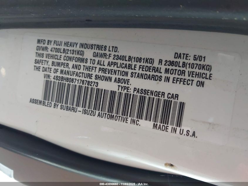 2001 Subaru Outback H6-3.0 VIN: 4S3BH806717678273 Lot: 43598660