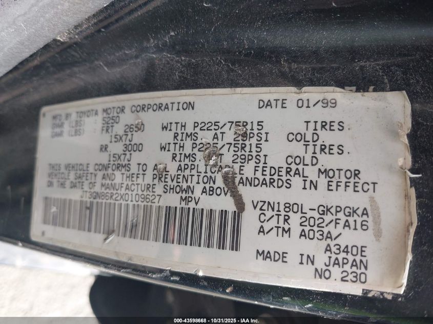 1999 Toyota 4Runner Sr5 V6 VIN: JT3GN86R2X0109627 Lot: 43598668