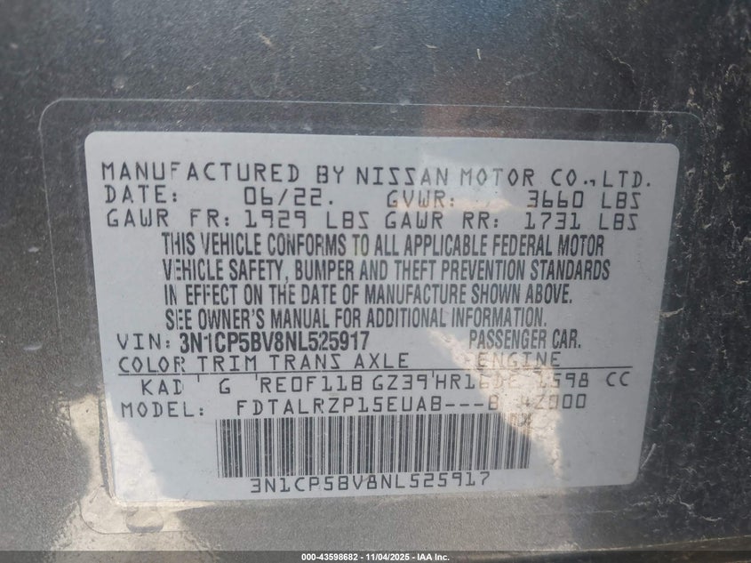 2022 NISSAN KICKS S XTRONIC CVT 3N1CP5BV8NL525917