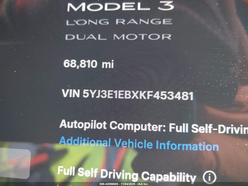 2019 Tesla Model 3 Long Range/Performance VIN: 5YJ3E1EBXKF453481 Lot: 43598685