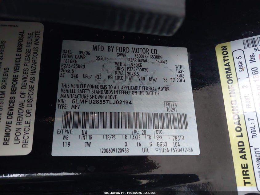 2007 Lincoln Navigator Ultimate VIN: 5LMFU28557LJ02194 Lot: 43598711