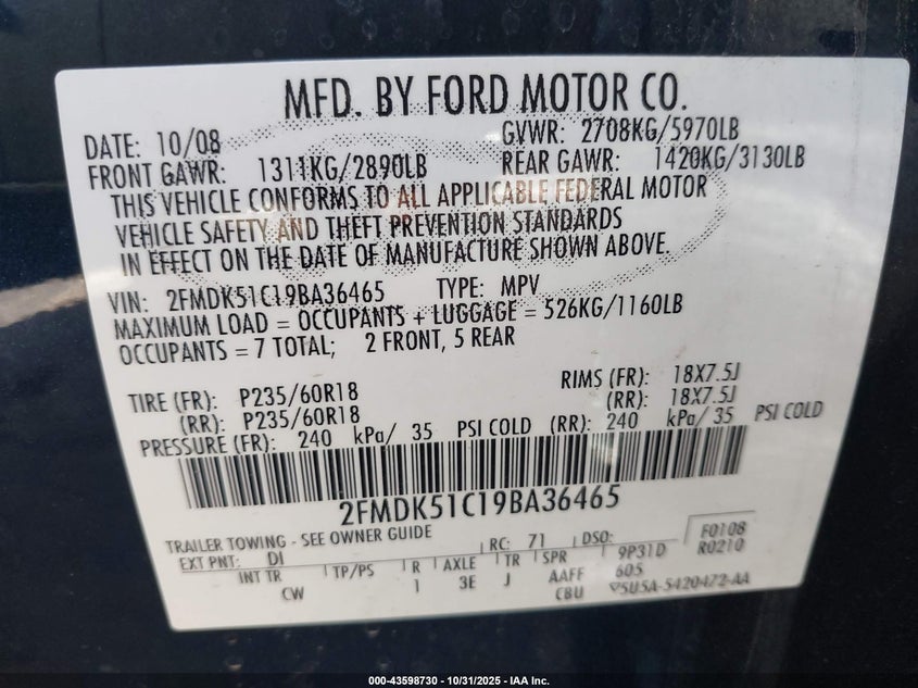 2FMDK51C19BA36465 2009 FORD FLEX photo no. 9