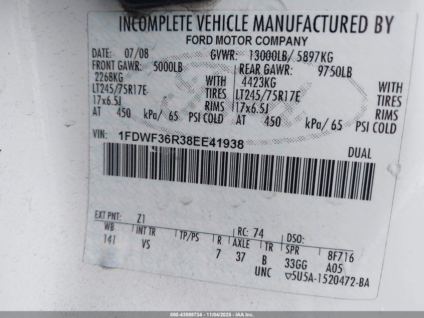 2008 Ford F-350 Chassis Xl/Xlt VIN: 1FDWF36R38EE41938 Lot: 43598734