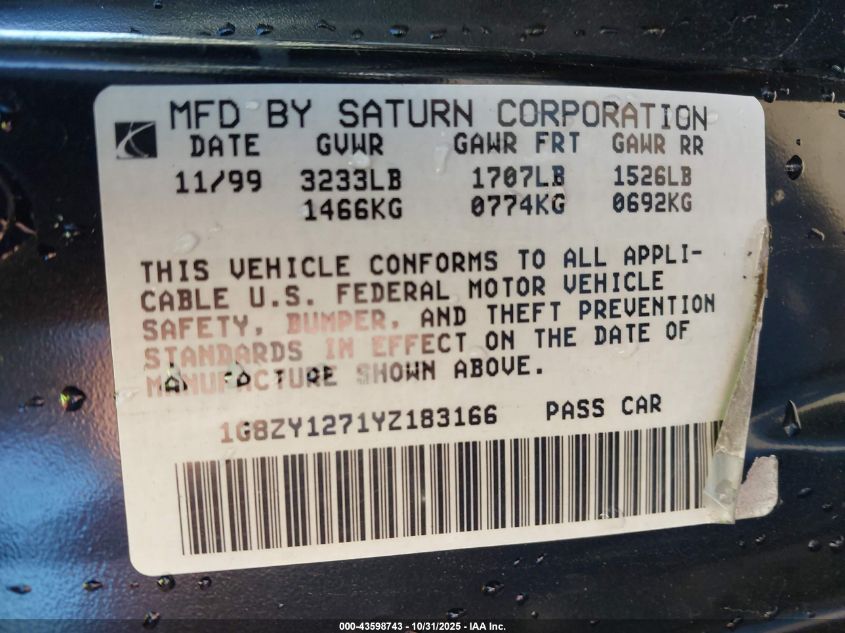 2000 Saturn Sc2 VIN: 1G8ZY1271YZ183166 Lot: 43598743