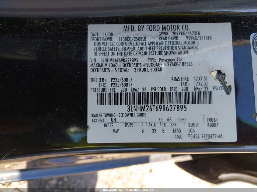 2009 Lincoln Mkz VIN: 3LNHM26T69R627895 Lot: 43598746