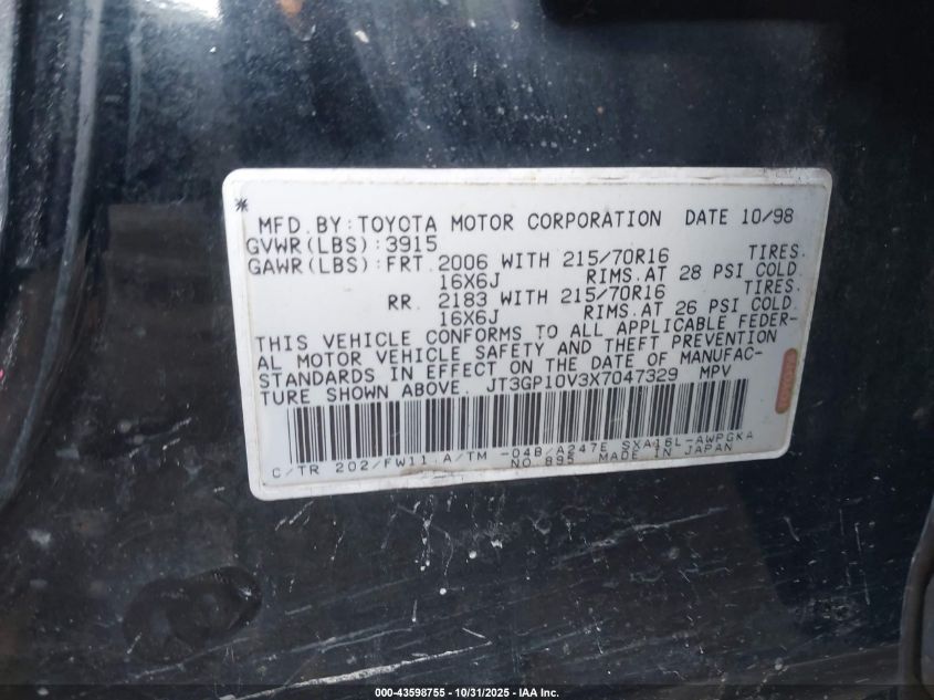 1999 Toyota Rav4 VIN: JT3GP10V3X7047329 Lot: 43598755