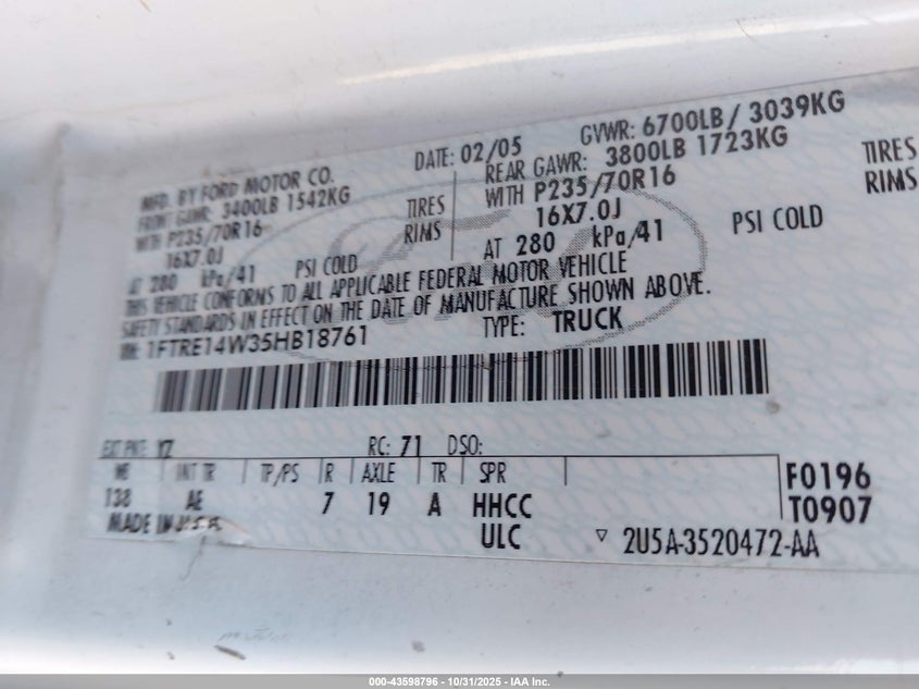 2005 Ford E-150 Commercial/Recreational VIN: 1FTRE14W35HB18761 Lot: 43598796