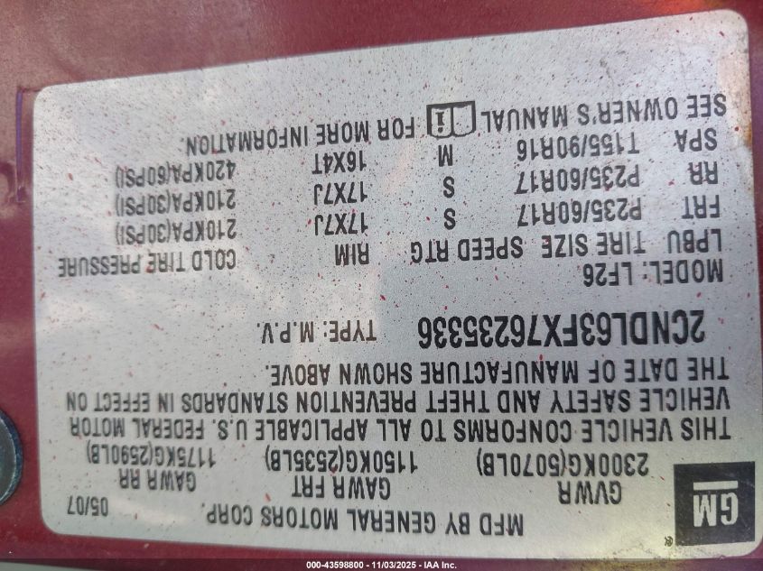 2007 Chevrolet Equinox Lt VIN: 2CNDL63FX76235336 Lot: 43598800