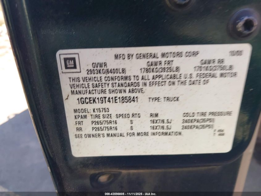 2001 Chevrolet Silverado 1500 Ls VIN: 1GCEK19T41E185841 Lot: 43598805