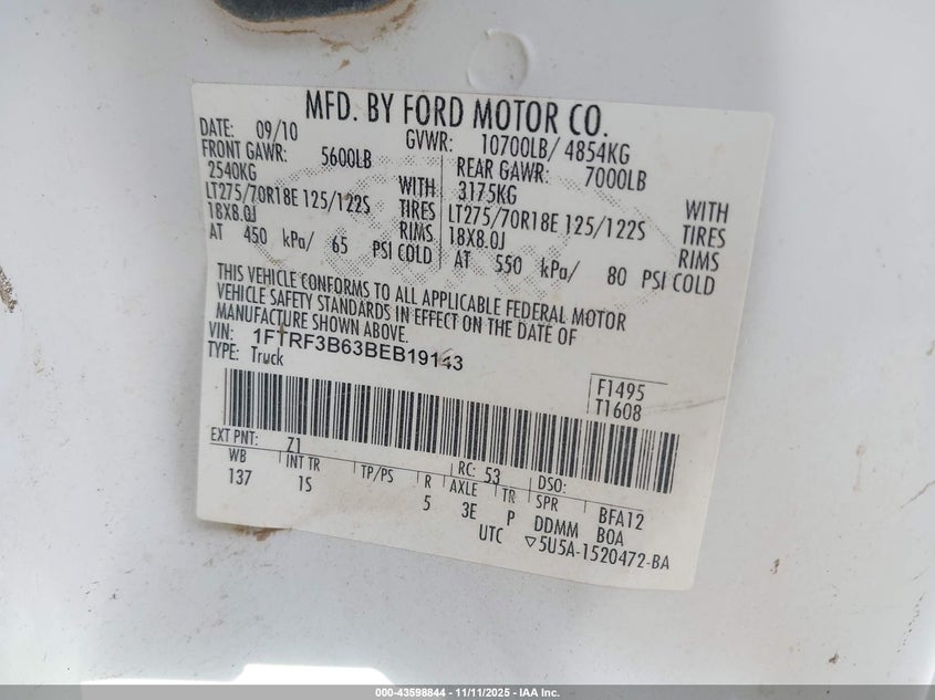 2011 Ford F-350 Xl VIN: 1FTRF3B63BEB19143 Lot: 43598844