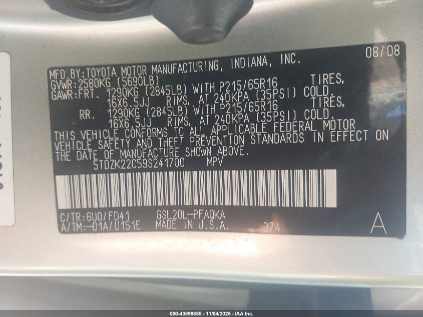 2009 Toyota Sienna Xle VIN: 5TDZK22C59S241700 Lot: 43598855