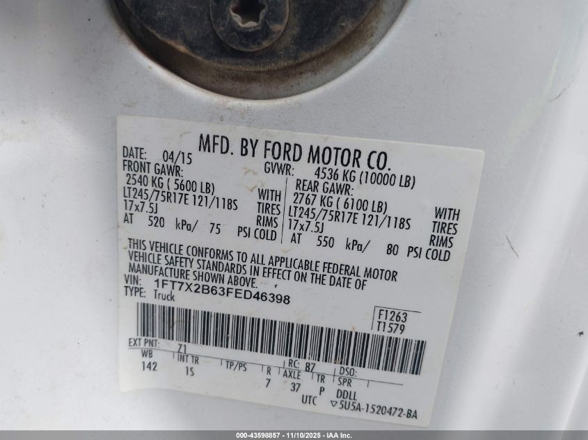 2015 Ford F-250 Xl VIN: 1FT7X2B63FED46398 Lot: 43598857