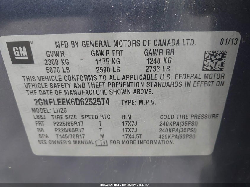 2013 CHEVROLET EQUINOX 1LT 2GNFLEEK6D6252574