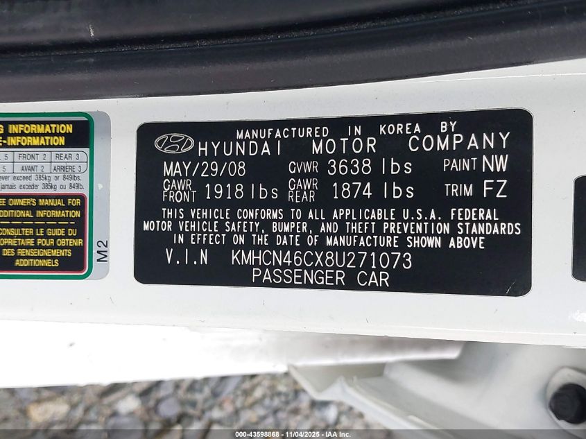 2008 Hyundai Accent Gls VIN: KMHCN46CX8U271073 Lot: 43598868