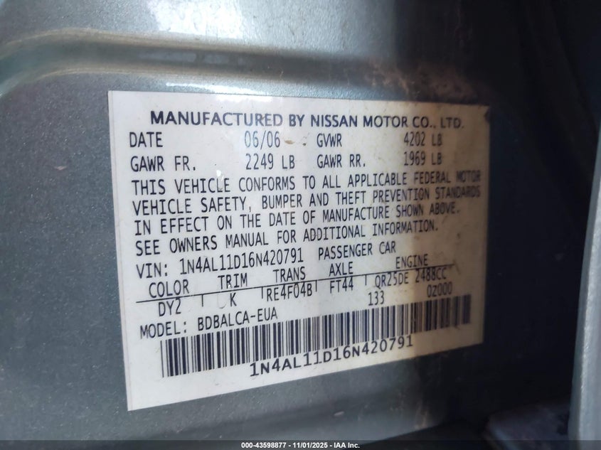 1N4AL11D16N420791 2006 NISSAN ALTIMA photo no. 9