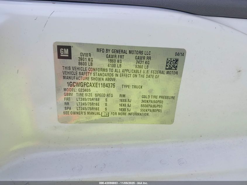 2014 Chevrolet Express 2500 Work Van VIN: 1GCWGFCAXE1184376 Lot: 43598883