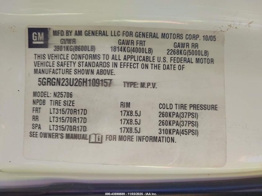 2006 Hummer H2 Suv VIN: 5GRGN23U26H109157 Lot: 43598889