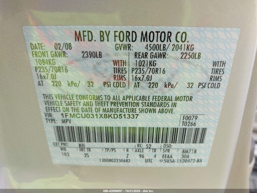 2008 Ford Escape Xlt VIN: 1FMCU031X8KD51337 Lot: 43598897