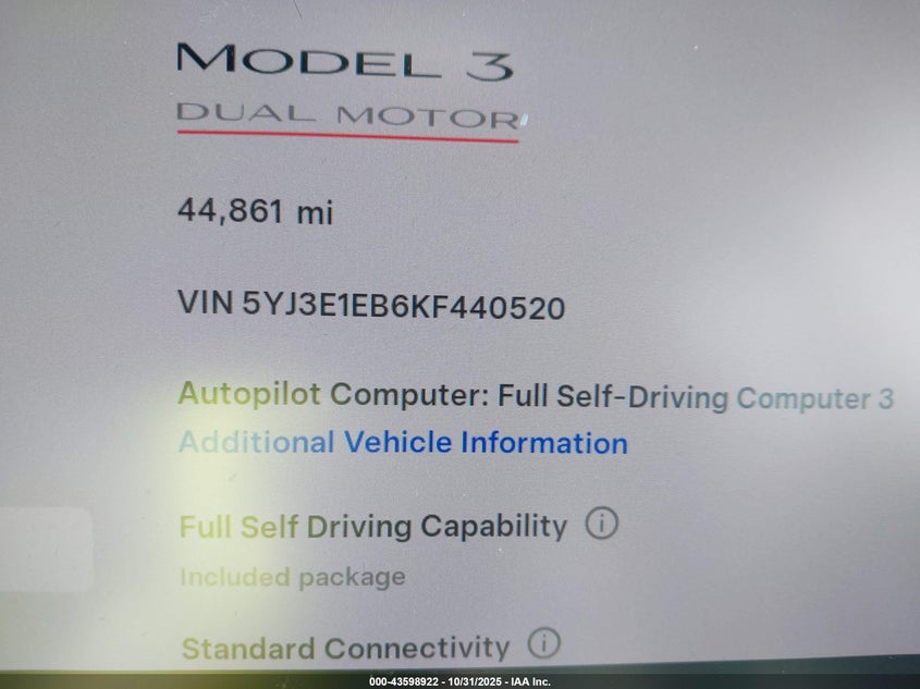 2019 Tesla Model 3 Long Range/Performance VIN: 5YJ3E1EB6KF440520 Lot: 43598922