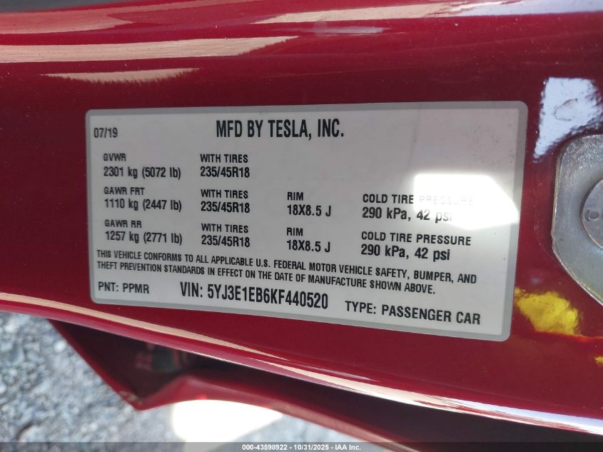 2019 Tesla Model 3 Long Range/Performance VIN: 5YJ3E1EB6KF440520 Lot: 43598922