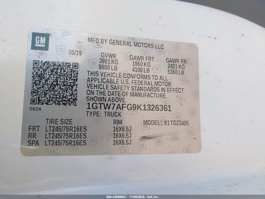 2019 GMC Savana 2500 Work Van VIN: 1GTW7AFG9K1326361 Lot: 43598941