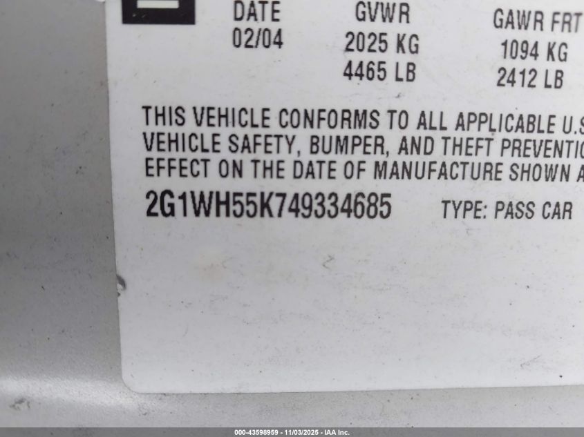 2004 Chevrolet Impala Ls VIN: 2G1WH55K749334685 Lot: 43598959