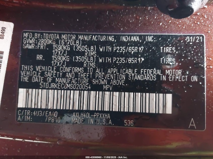 2021 TOYOTA SIENNA XLE 5TDJRKEC6MS020054