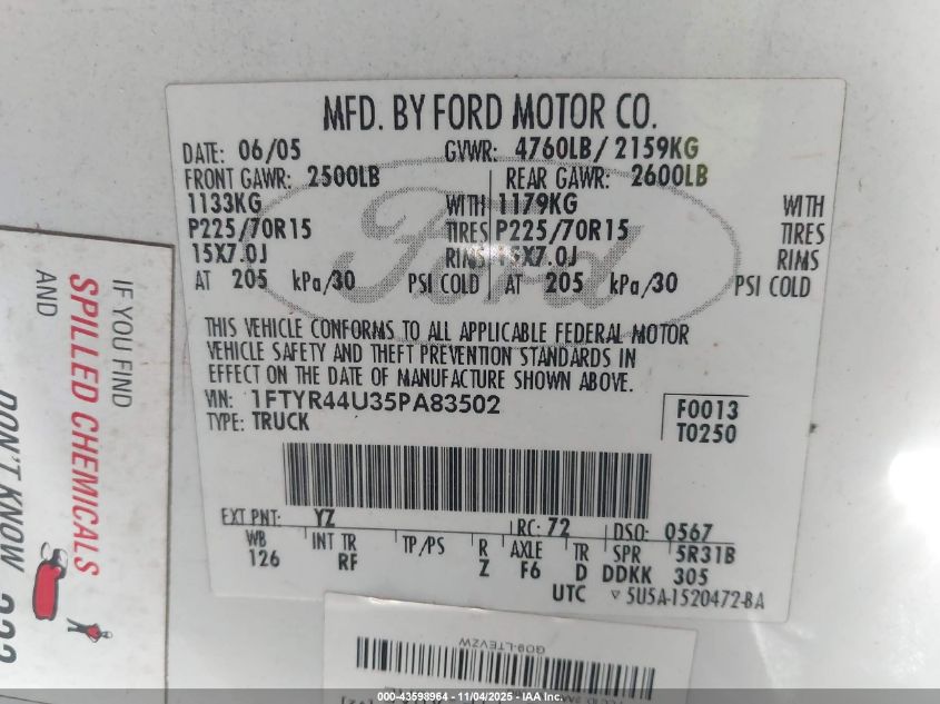 2005 Ford Ranger Edge/Stx/Xlt VIN: 1FTYR44U35PA83502 Lot: 43598964