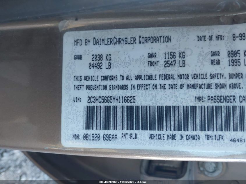 2000 Chrysler Lhs VIN: 2C3HC56G5YH116625 Lot: 43598968