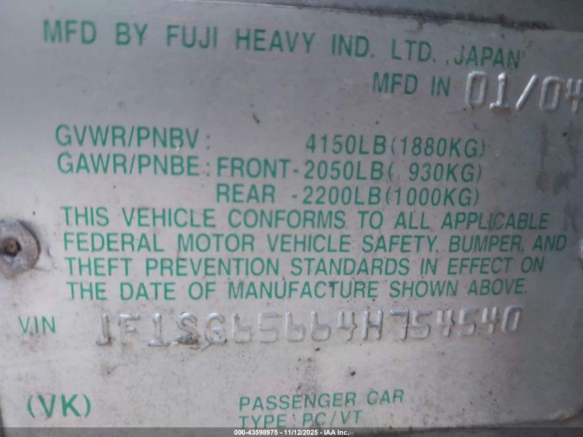 2004 Subaru Forester 2.5Xs VIN: JF1SG65664H754540 Lot: 43598975