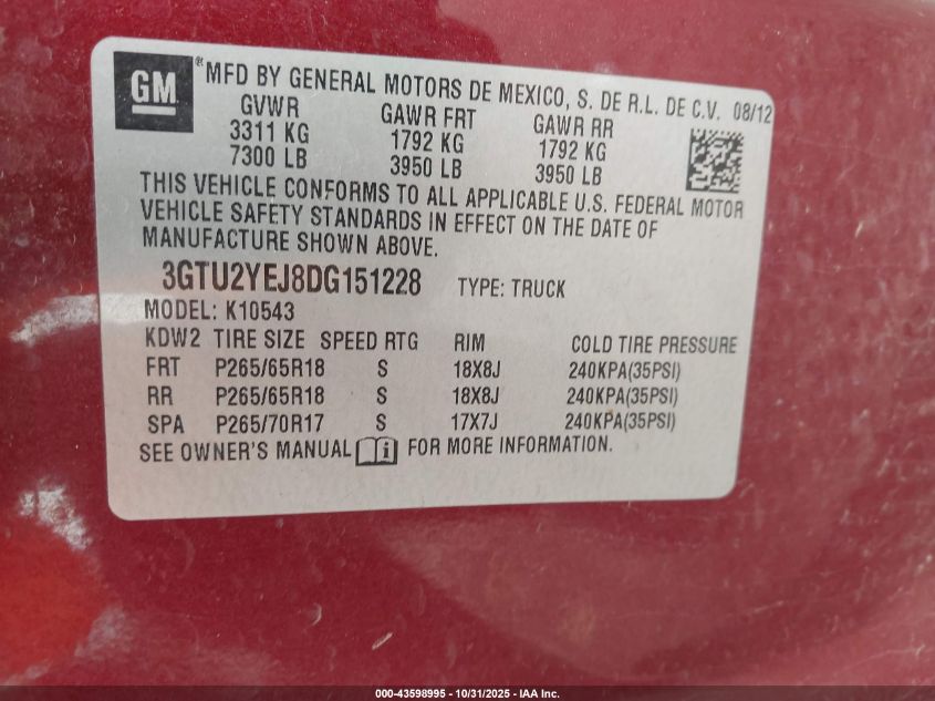 2013 GMC Sierra K1500 Hybrid VIN: 3GTU2YEJ8DG151228 Lot: 43598995