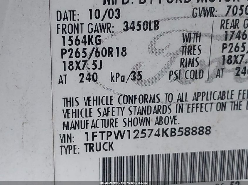 2004 Ford F-150 Lariat/Xlt VIN: 1FTPW12574KB58888 Lot: 43598999