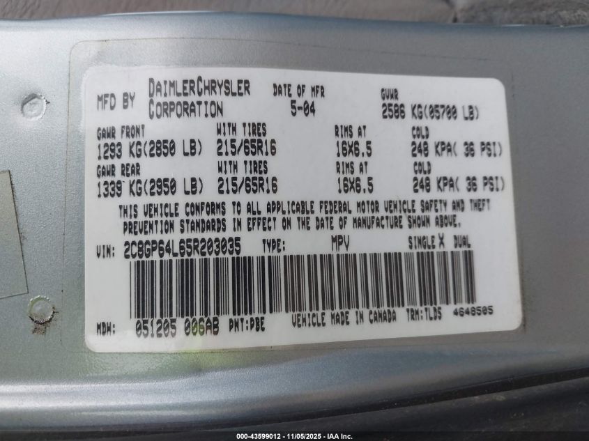 2005 Chrysler Town & Country Limited VIN: 2C8GP64L65R203035 Lot: 43599012