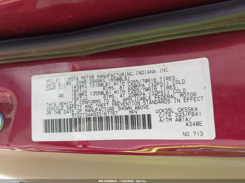 2003 Toyota Sequoia Sr5 V8 VIN: 5TDZT34A93S167767 Lot: 43599024