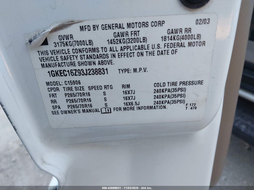 2003 GMC Yukon Xl 1500 Slt VIN: 1GKEC16Z93J238831 Lot: 43599031