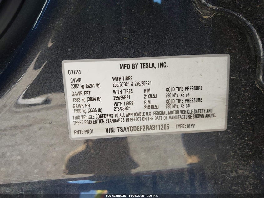 2024 Tesla Model Y Performance Dual Motor All-Wheel Drive VIN: 7SAYGDEF2RA311205 Lot: 43599036