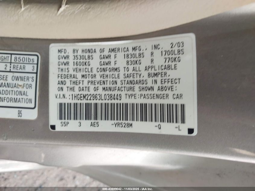 2003 Honda Civic Ex VIN: 1HGEM22963L038449 Lot: 43599042