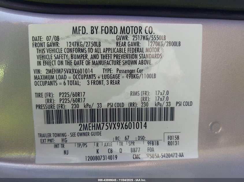 2009 Mercury Grand Marquis Ls (Fleet Only) VIN: 2MEHM75VX9X601014 Lot: 43599045