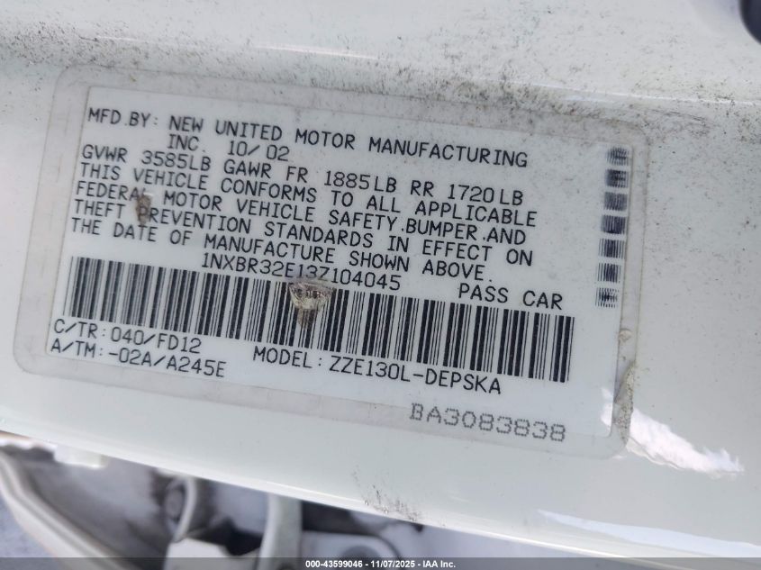 2003 Toyota Corolla S VIN: 1NXBR32E13Z104045 Lot: 43599046