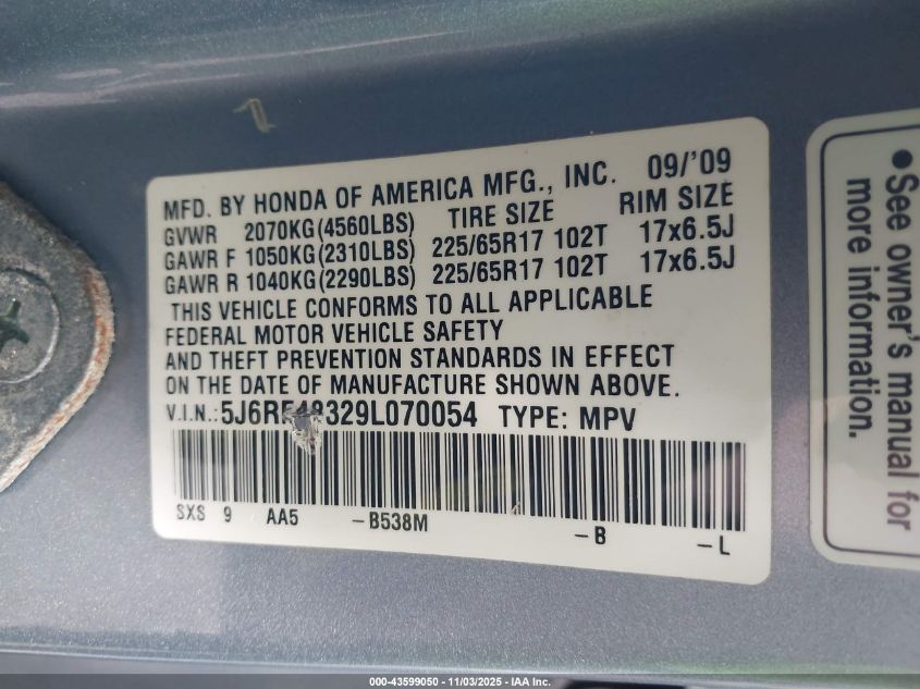 2009 Honda Cr-V Lx VIN: 5J6RE48329L070054 Lot: 43599050